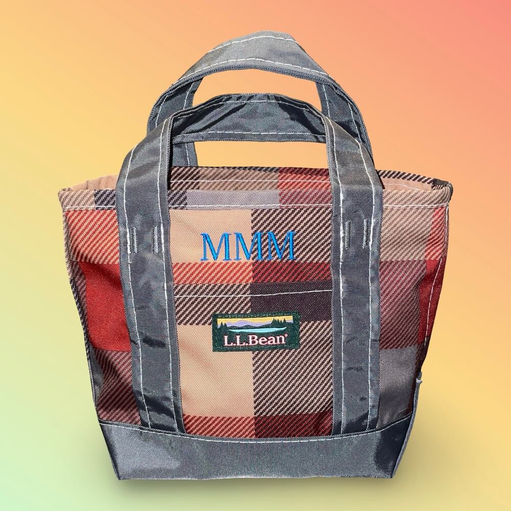 LL Bean Everyday Lightweight Tote Mini Bag 10" Red Tartan Plaid Monogram 297818